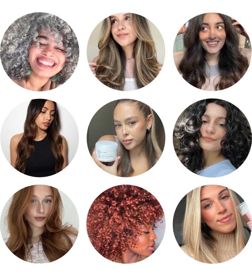Nine circular images of women with diverse hair types smiling and showing Briogeo products