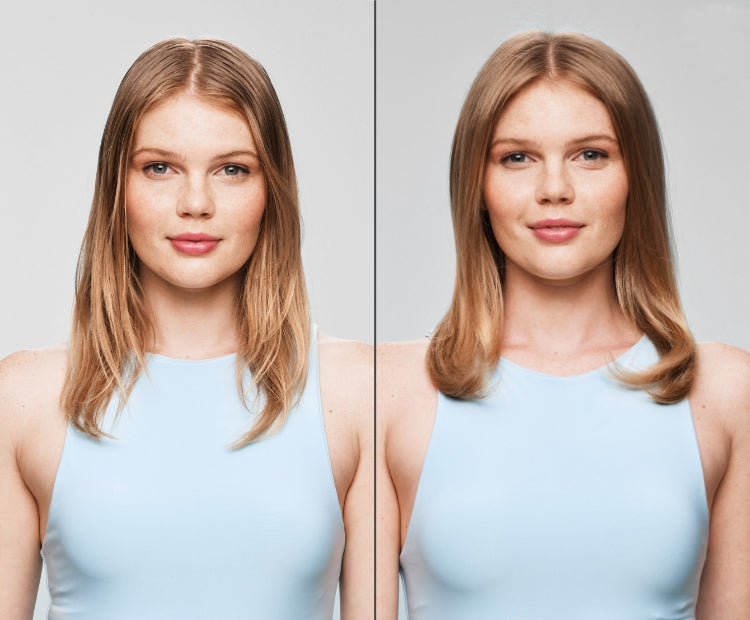 Before and after image of woman with medium blonde hair greasy on the left and clean on the right. 